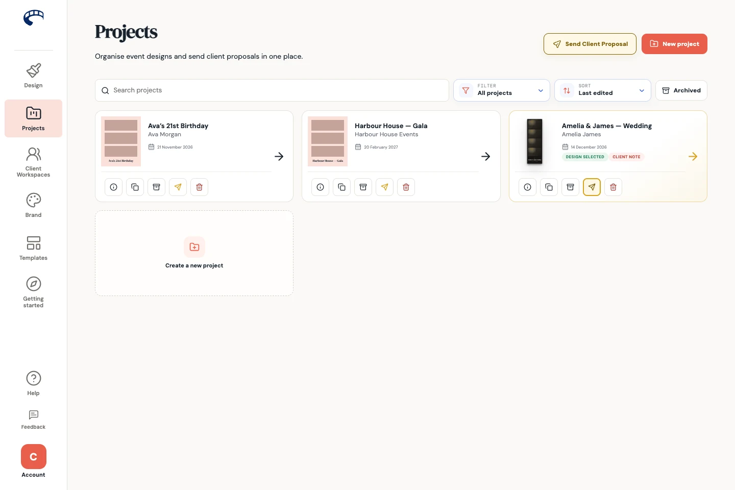 Projects showing fictional events, proposal status, search and filters