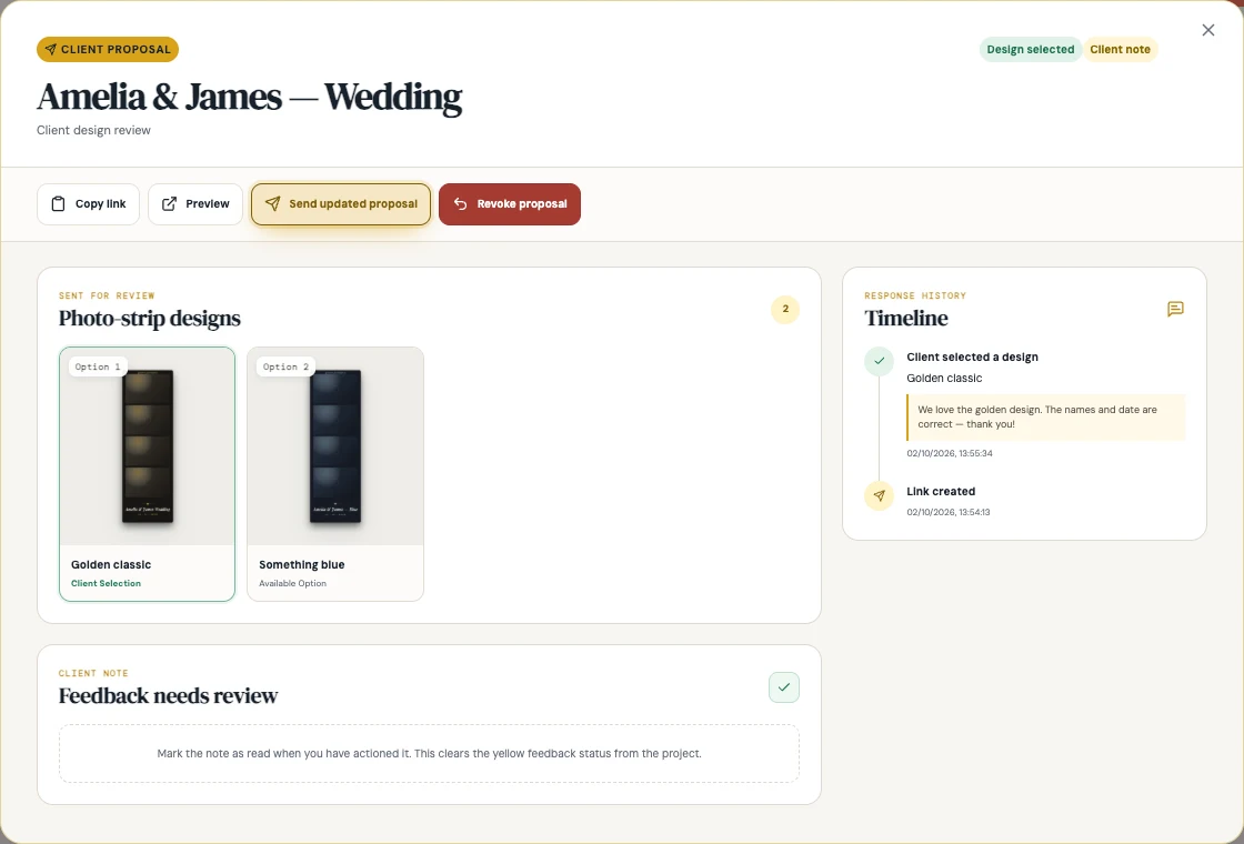 The proposal manager showing a selected design and a timeline of client feedback