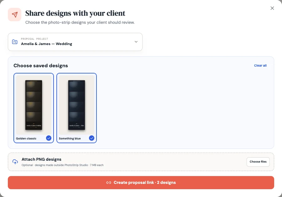 The Client proposal dialog with saved design choices selected for review