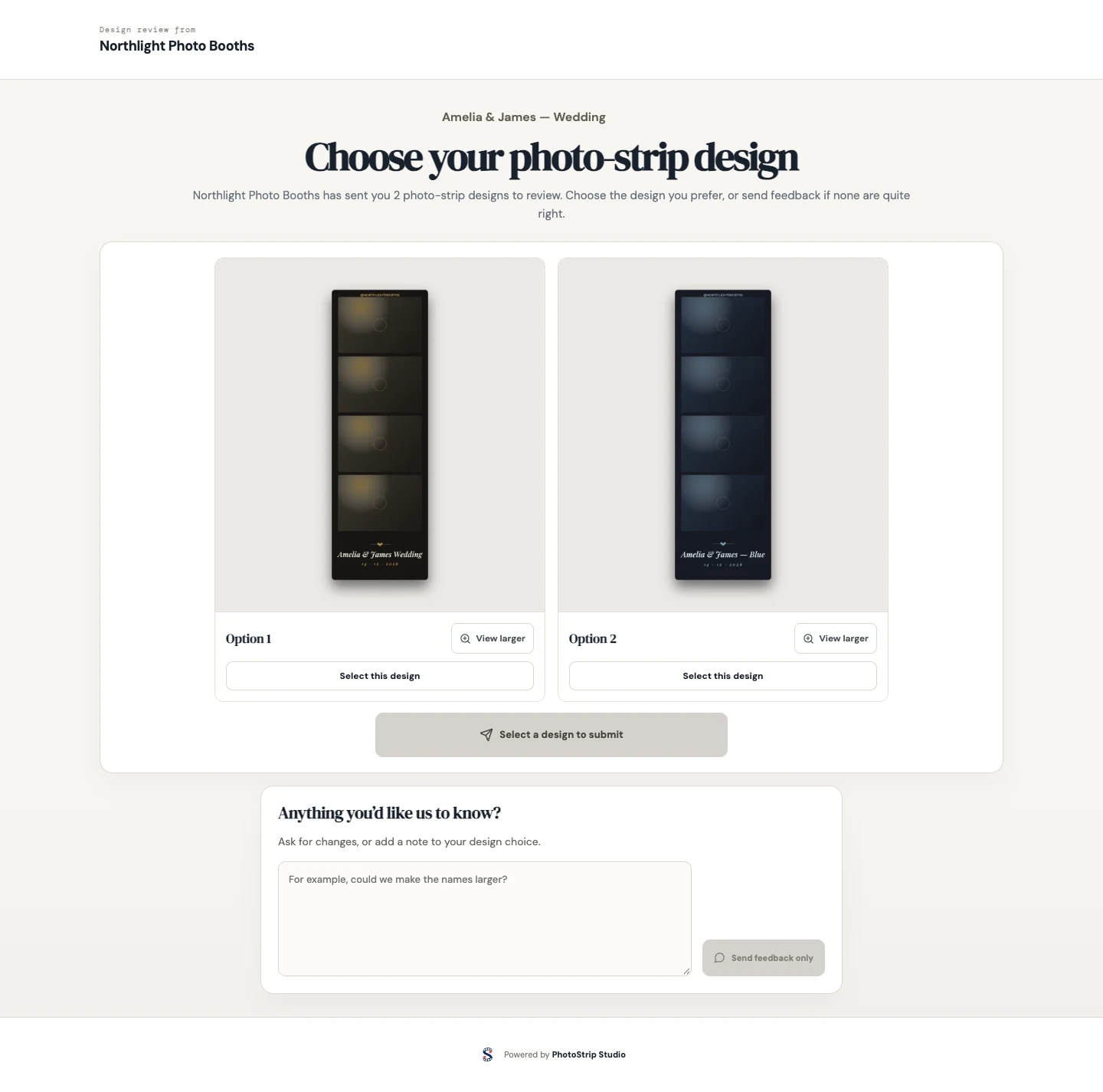 The client proposal page showing two designs, a selection control and feedback field