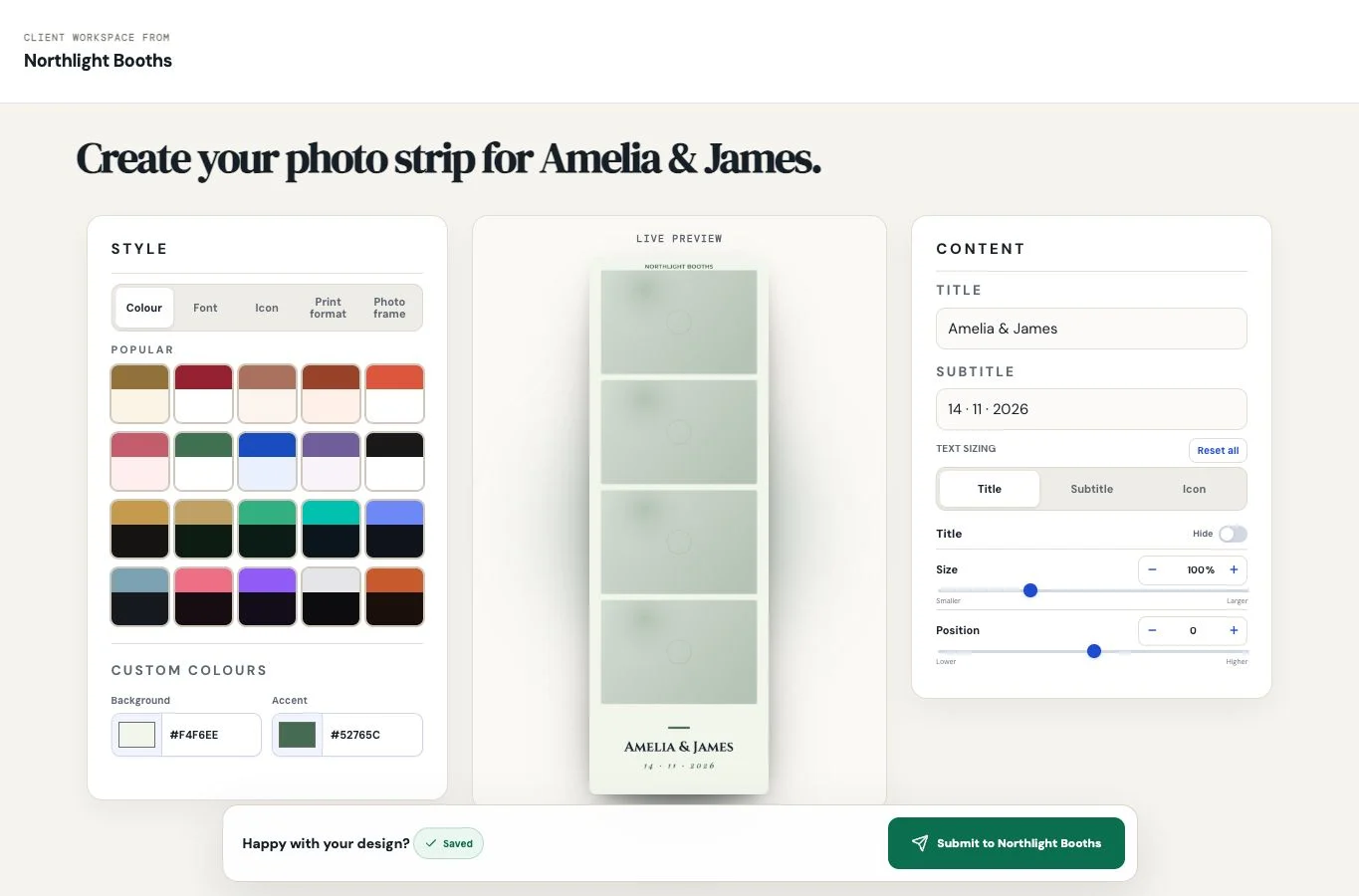 A branded Client Workspace where the client creates their own photo-strip design
