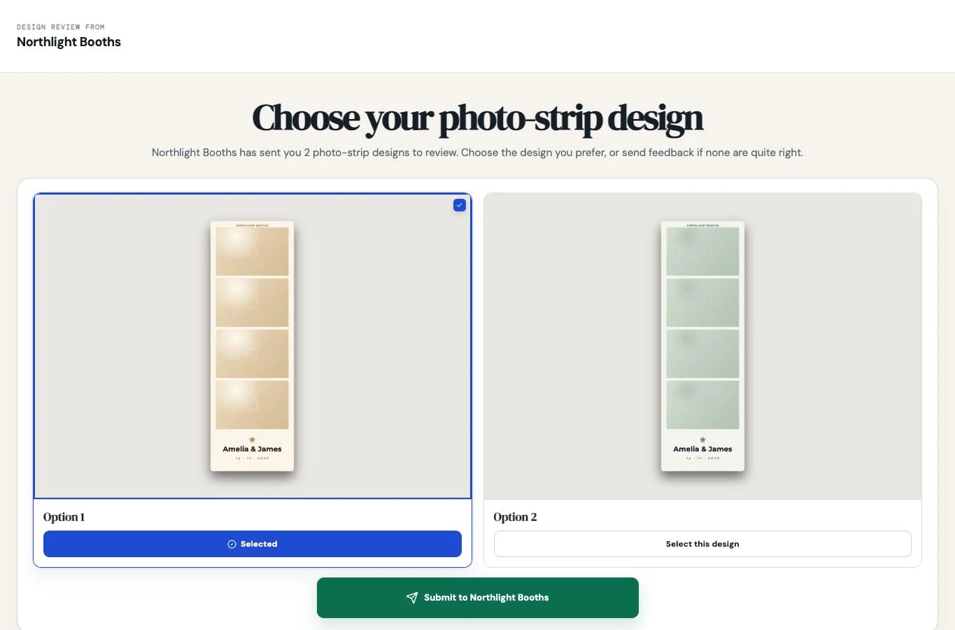 A branded proposal page with client design choices